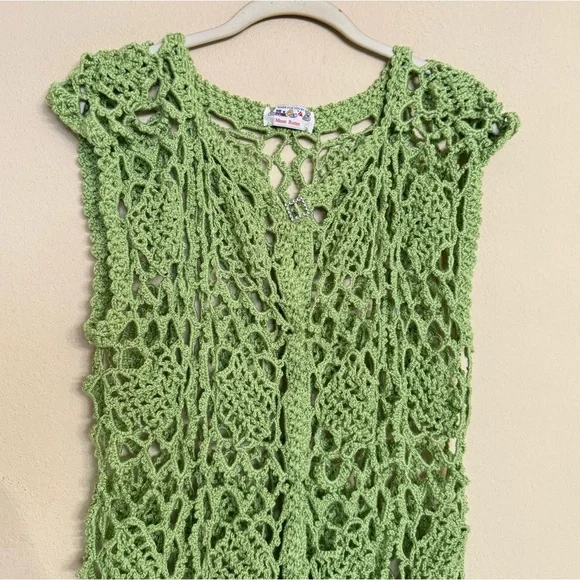 Vintage Hand Crochet Knit Vest Women’s Medium Green Sweater Sleeveless Boho - Picture 4 of 16